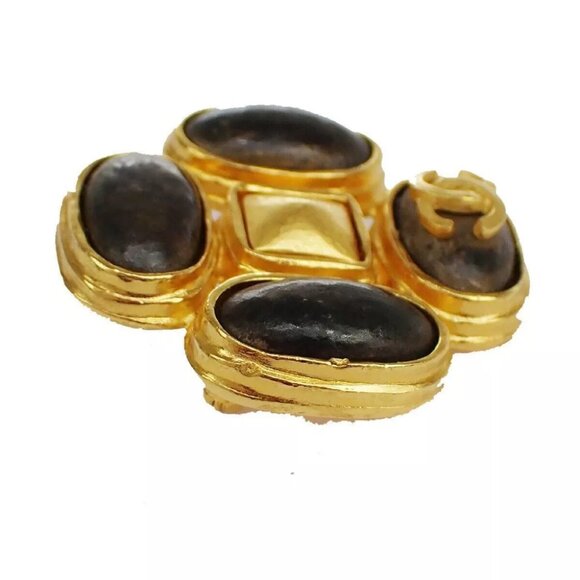 authenticity guaranteed CHANEL CC Logo Stone Pin Brooch GHW France - Picture 4 of 7